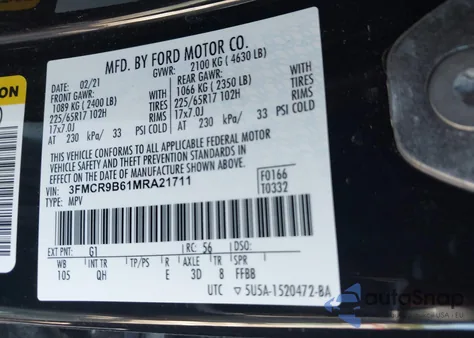 2021 Ford Bronco Sport Big Bend z USA, uszkodzony, nr VIN 3FMCR9B61MRA21711